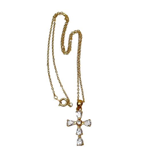 Cross Pendant Necklace Rhinestones Open Back Delicate Goldtone Chain Elegant 15" - Picture 2 of 15